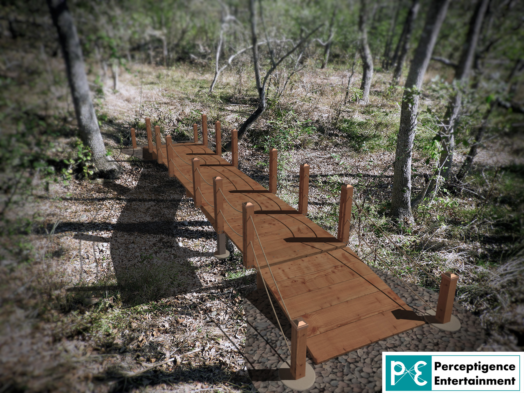 Visualization of a wooden creek overpass in a wooded landscape